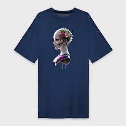 Футболка женская-платье Фантастическая девушка робот цветы и механизм, цвет: тёмно-синий