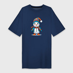 Футболка женская-платье Снеговик в шапочке и с шарфом, цвет: тёмно-синий