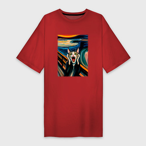 Женская футболка-платье Крик кота - пародия нейросети / Красный – фото 1