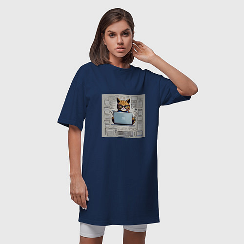 Женская футболка-платье Кот программист за ноутбуком / Тёмно-синий – фото 3
