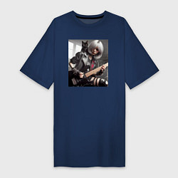 Футболка женская-платье Девчонка рок гитарист с чёрным котом, цвет: тёмно-синий