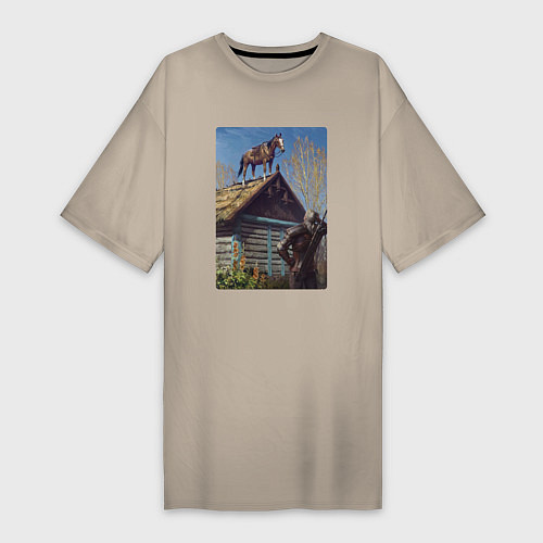 Женская футболка-платье Геральд и плотва на крыше - обложка карты из Гвинт / Миндальный – фото 1