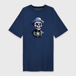 Футболка женская-платье Скелет в синей шляпе, цвет: тёмно-синий
