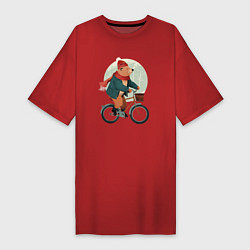 Футболка женская-платье Медвежонок на велосипеде, цвет: красный