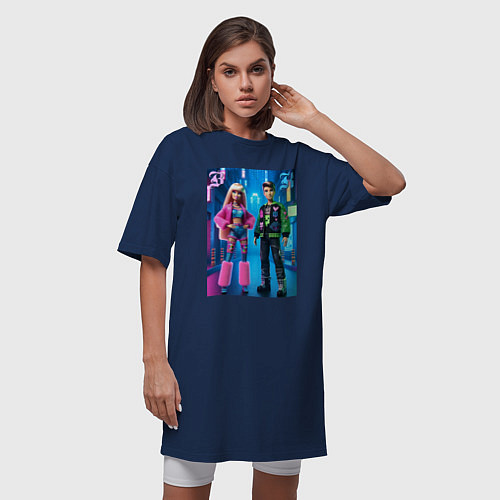 Женская футболка-платье Барби и Кен в ночном городе - нейросеть / Тёмно-синий – фото 3