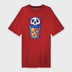 Футболка женская-платье Панда в стаканчике, цвет: красный