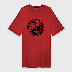 Футболка женская-платье Два дракона Инь Янь, цвет: красный