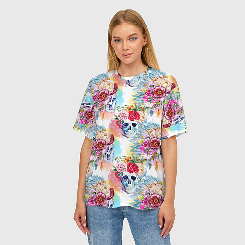 Женская футболка оверсайз Цветы и бабочки 5 / 3D-принт – фото 3