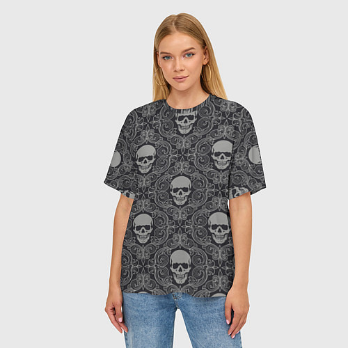 Женская футболка оверсайз Ажурные черепа / 3D-принт – фото 3