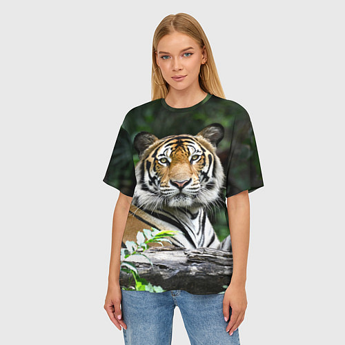 Женская футболка оверсайз Тигр в джунглях / 3D-принт – фото 3