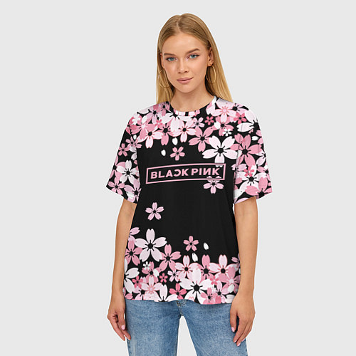 Женская футболка оверсайз Black Pink: Pink Sakura / 3D-принт – фото 3