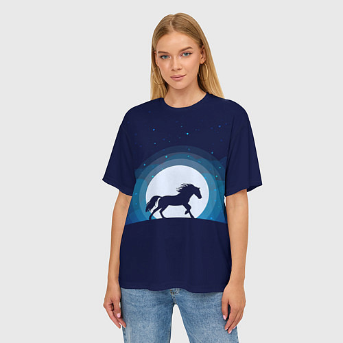Женская футболка оверсайз Лошадь под луной / 3D-принт – фото 3