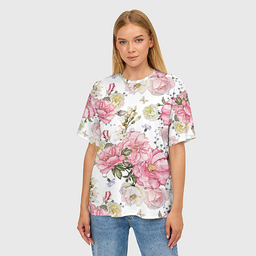 Женская футболка оверсайз Нежные розы / 3D-принт – фото 3