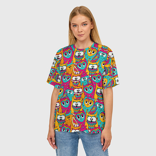 Женская футболка оверсайз Совы разноцветные / 3D-принт – фото 3