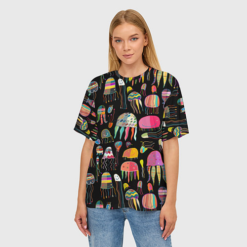 Женская футболка оверсайз Яркие мультяшные медузы / 3D-принт – фото 3
