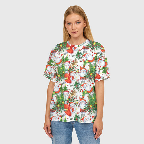 Женская футболка оверсайз Деды Морозы с подарками - паттерн / 3D-принт – фото 3