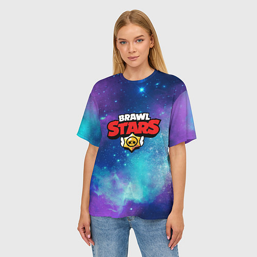 Женская футболка оверсайз BRAWL STARS лого в космосе / 3D-принт – фото 3