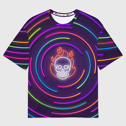 Женская футболка оверсайз Неон череп с линиями