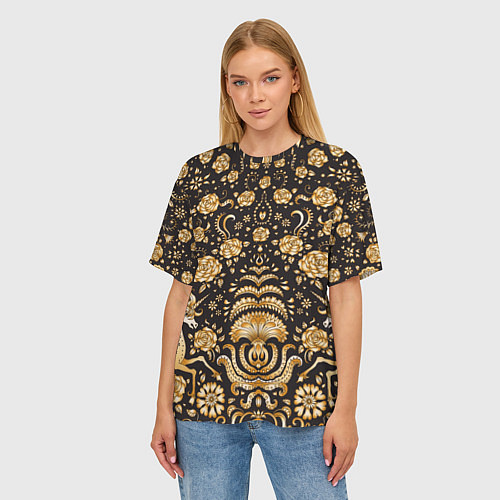 Женская футболка оверсайз Золотые единороги и цветы / 3D-принт – фото 3