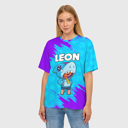 Женская футболка оверсайз BRAWL STARS LEON SHARK / 3D-принт – фото 3