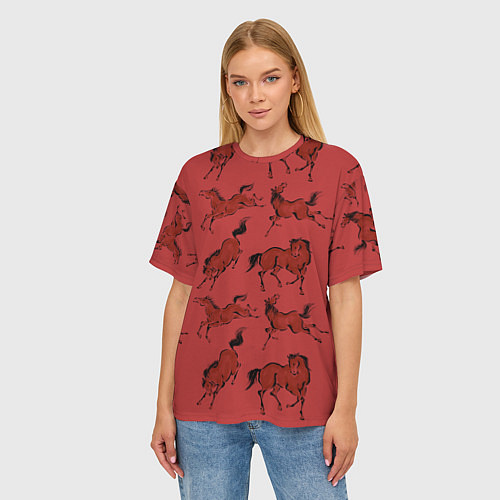 Женская футболка оверсайз Красные кони / 3D-принт – фото 3
