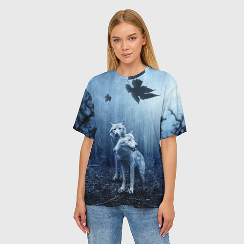 Женская футболка оверсайз Волки в тёмном лесу / 3D-принт – фото 3