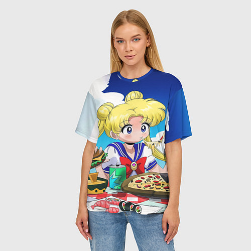 Женская футболка оверсайз Пицца Мун / 3D-принт – фото 3