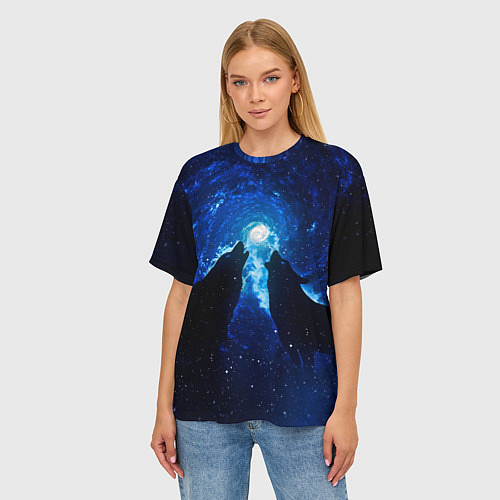Женская футболка оверсайз Волки силуэты звездное небо / 3D-принт – фото 3