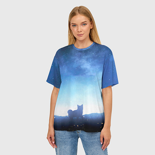 Женская футболка оверсайз Силуэт корги ночь космос дымка / 3D-принт – фото 3