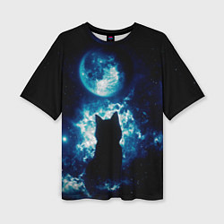 Женская футболка оверсайз Кот силуэт луна ночь звезды