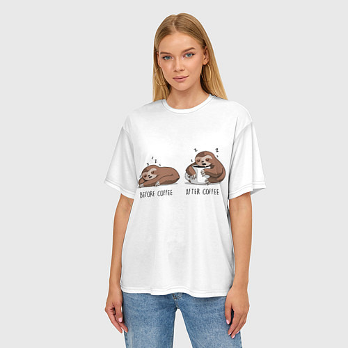 Женская футболка оверсайз Ленивец Coffee / 3D-принт – фото 3