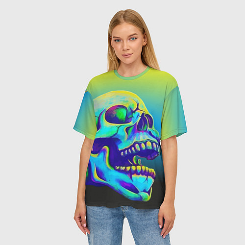 Женская футболка оверсайз Neon skull / 3D-принт – фото 3