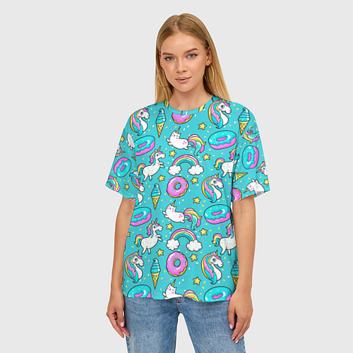 Женская футболка оверсайз Turquoise unicorn / 3D-принт – фото 3