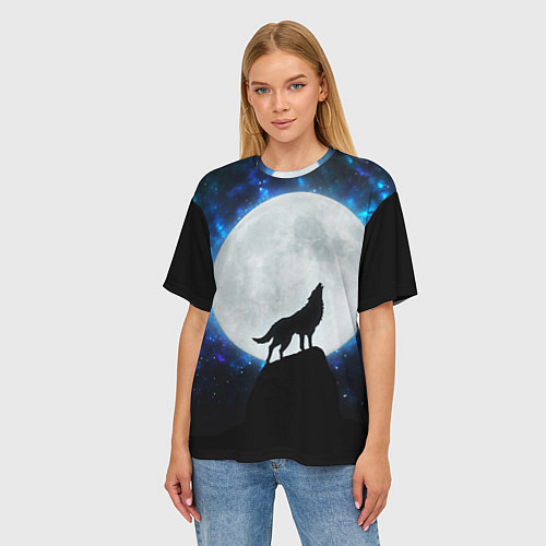 Женская футболка оверсайз Волк воющий на луну / 3D-принт – фото 3