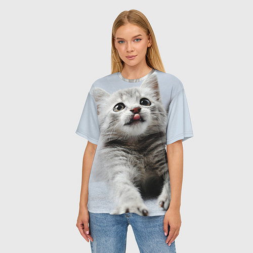 Женская футболка оверсайз Серый котенок / 3D-принт – фото 3