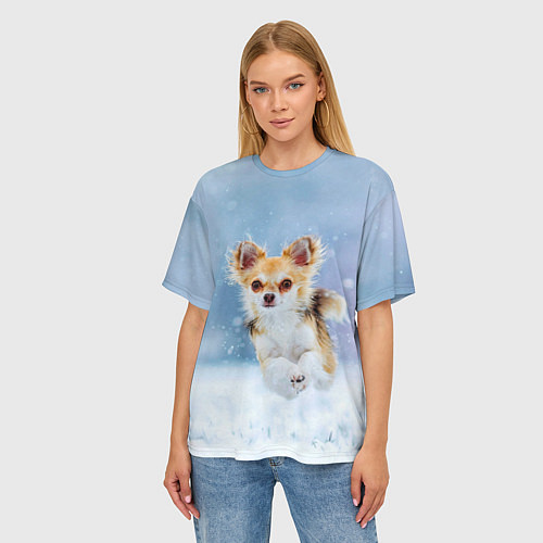 Женская футболка оверсайз Чихуахуа в снегу / 3D-принт – фото 3