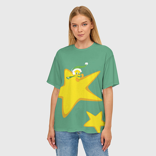 Женская футболка оверсайз Tweety and stars / 3D-принт – фото 3