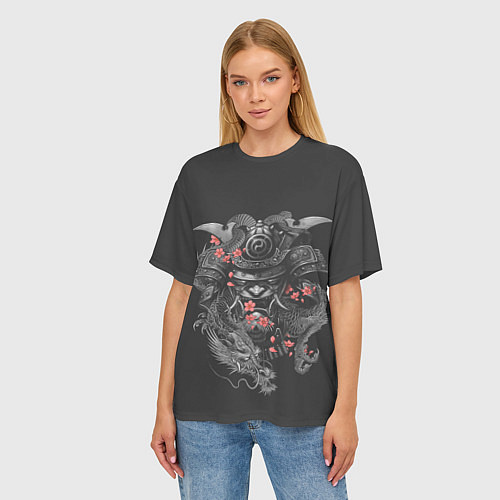 Женская футболка оверсайз Самурай и дракон / 3D-принт – фото 3