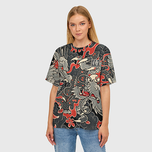 Женская футболка оверсайз Самурай Якудза, драконы / 3D-принт – фото 3