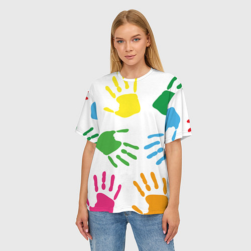 Женская футболка оверсайз Цветные ладошки - Детский узор / 3D-принт – фото 3