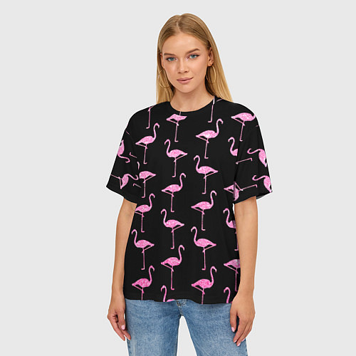 Женская футболка оверсайз Фламинго Чёрная / 3D-принт – фото 3
