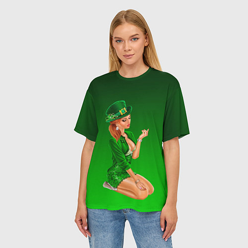 Женская футболка оверсайз Девушка лепрекон в зеленом / 3D-принт – фото 3