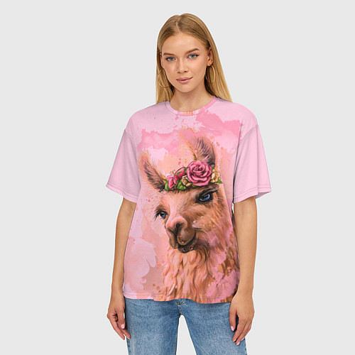 Женская футболка оверсайз Лама с цветами / 3D-принт – фото 3