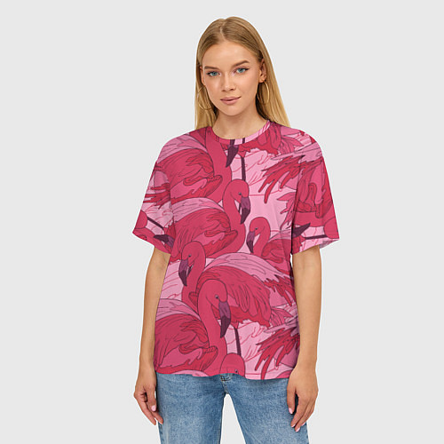 Женская футболка оверсайз Розовые фламинго / 3D-принт – фото 3