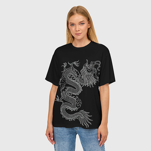 Женская футболка оверсайз ЧБ Дракон / 3D-принт – фото 3