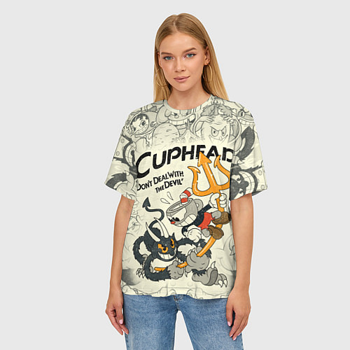 Женская футболка оверсайз Cuphead and Devil / 3D-принт – фото 3
