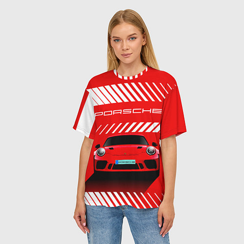 Женская футболка оверсайз PORSCHE ПОРШЕ RED STYLE / 3D-принт – фото 3