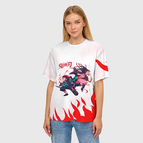Женская футболка оверсайз Танджиро и Незуко в огне / 3D-принт – фото 3