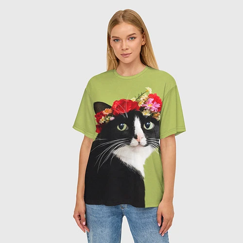 Женская футболка оверсайз Кот и цветы / 3D-принт – фото 3