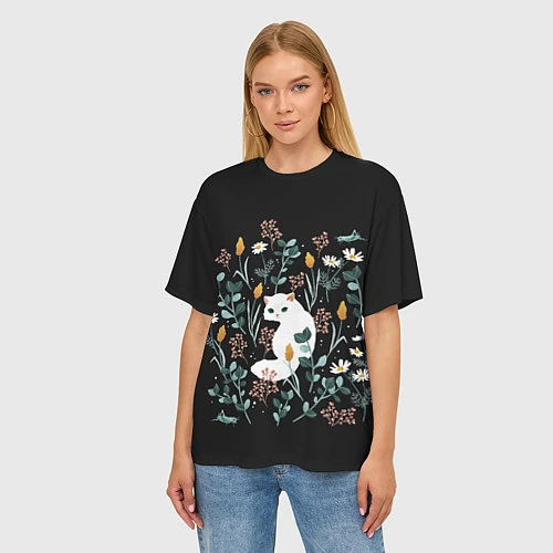 Женская футболка оверсайз Кошечка среди цветов / 3D-принт – фото 3